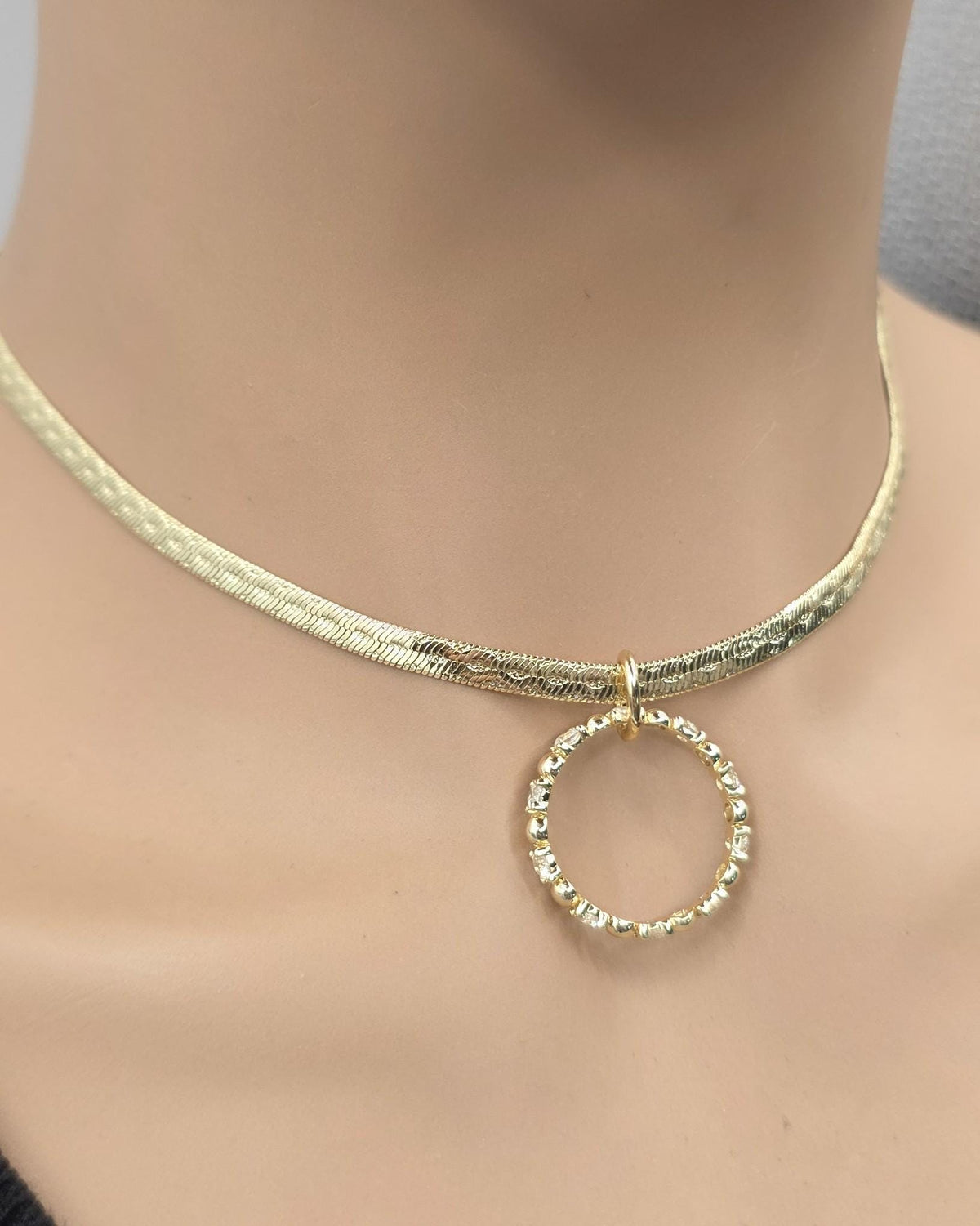 10k Premium Gold Plated Elegant Herringbone and CZ Day Collar Necklace, Romantic Luxury Elegant Partner Jewelry