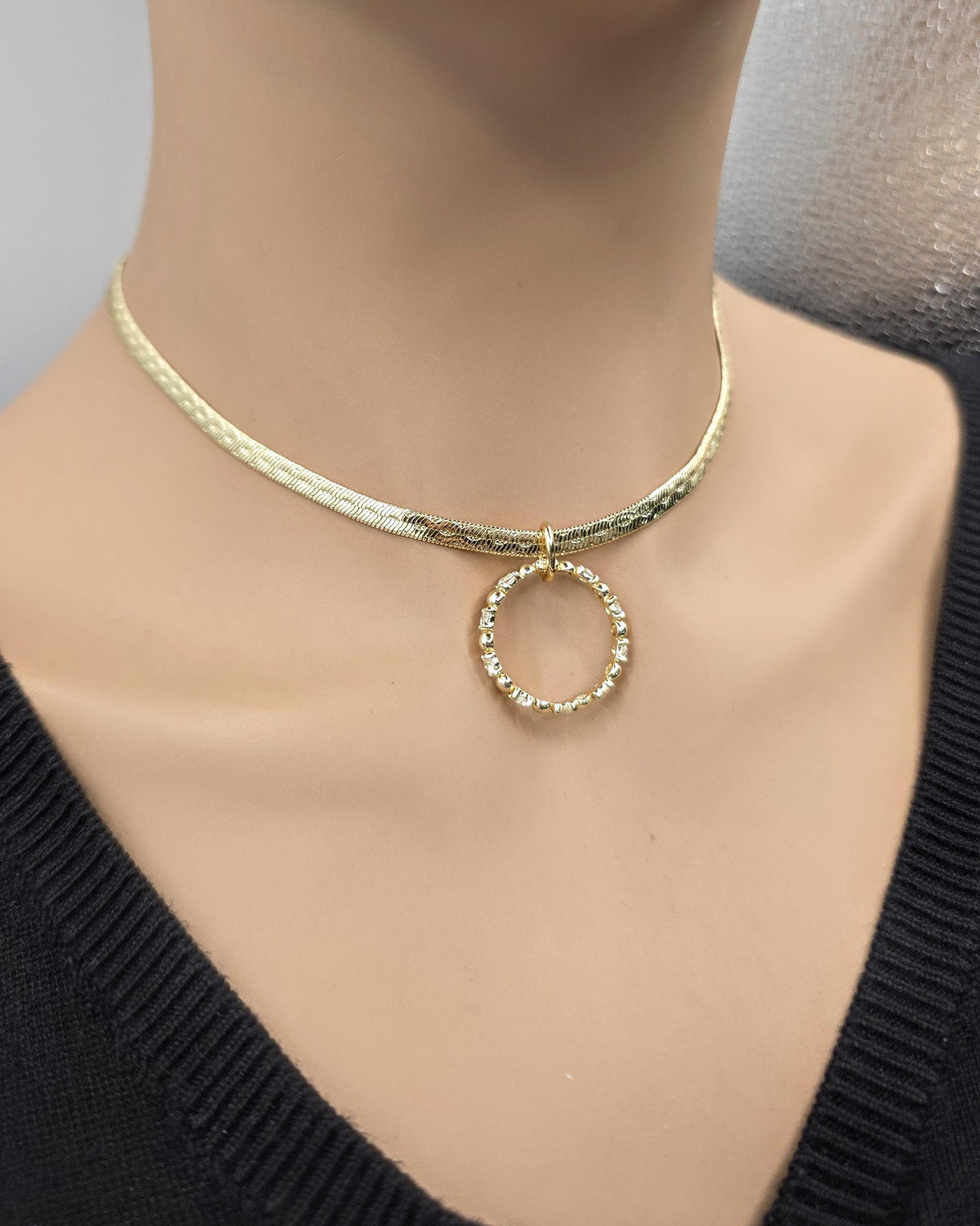 10k Premium Gold Plated Elegant Herringbone and CZ Day Collar Necklace, Romantic Luxury Elegant Partner Jewelry