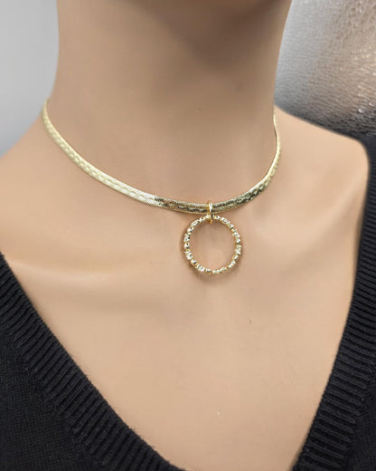 10k Premium Gold Plated Elegant Herringbone and CZ Day Collar Necklace, Romantic Luxury Elegant Partner Jewelry