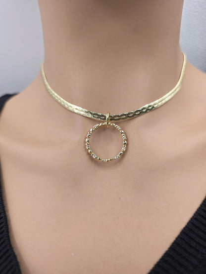 10k Premium Gold Plated Elegant Herringbone and CZ Day Collar Necklace, Romantic Luxury Elegant Partner Jewelry