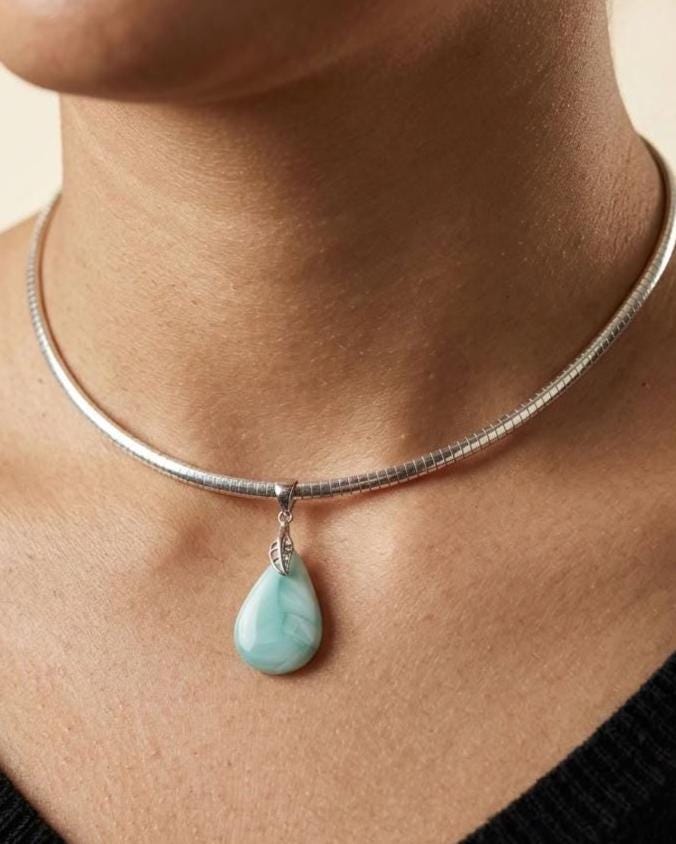 Sterling Silver 3mm Omega Hemimorphite Gemstone Pendant Necklace