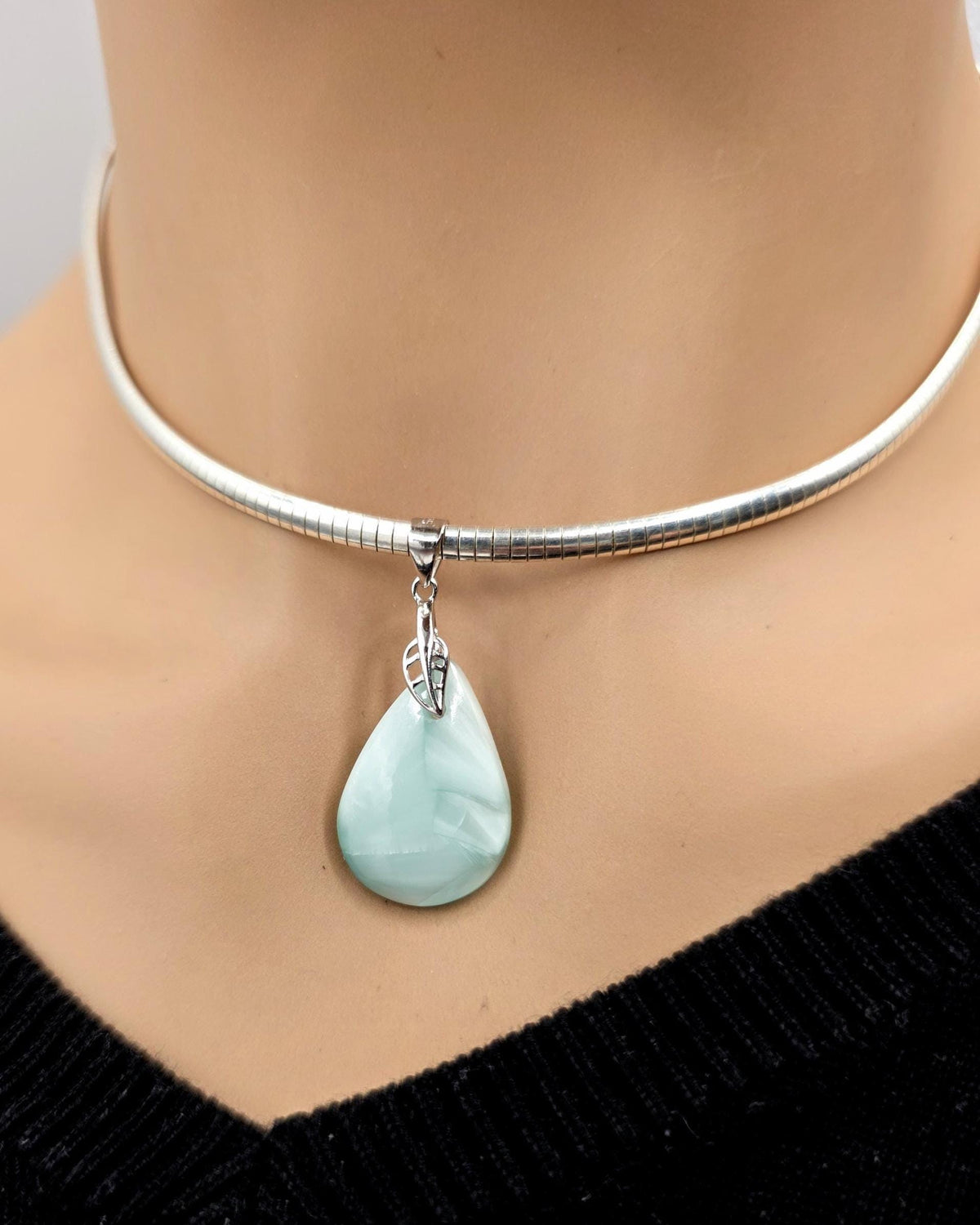 Sterling Silver 3mm Omega Hemimorphite Gemstone Pendant Necklace