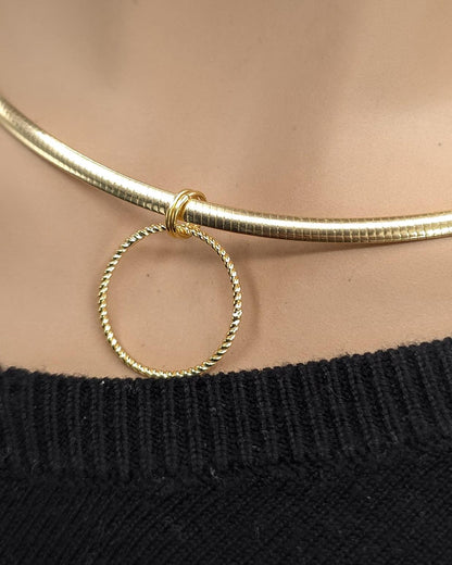 10k Gold Vermeil Omega Eternity O Ring Necklace Day Collar with Heart– 3mm Dual-Tone Sterling Silver