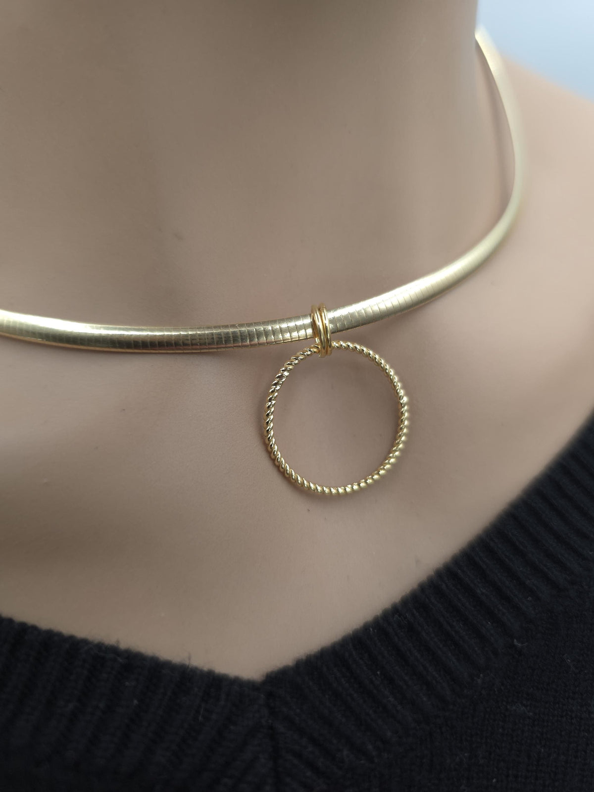 10k Gold Vermeil Omega Eternity O Ring Necklace Day Collar with Heart– 3mm Dual-Tone Sterling Silver