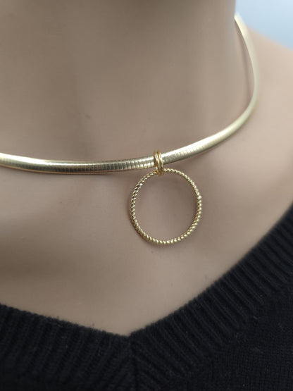 10k Gold Vermeil Omega Eternity O Ring Necklace Day Collar with Heart– 3mm Dual-Tone Sterling Silver
