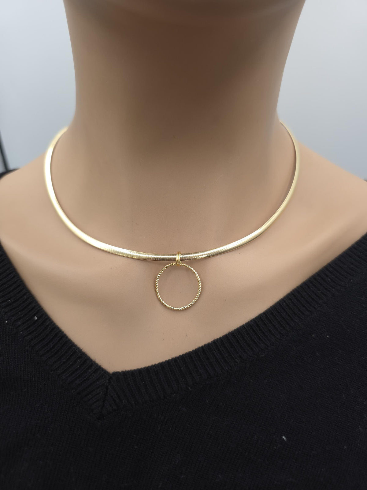 10k Gold Vermeil Omega Eternity O Ring Necklace Day Collar with Heart– 3mm Dual-Tone Sterling Silver