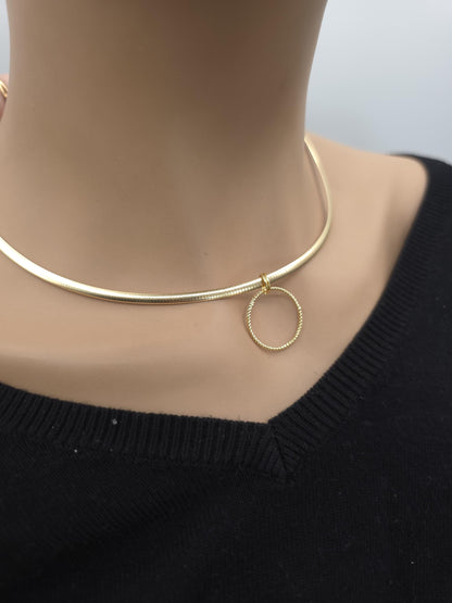 10k Gold Vermeil Omega Eternity O Ring Necklace Day Collar with Heart– 3mm Dual-Tone Sterling Silver