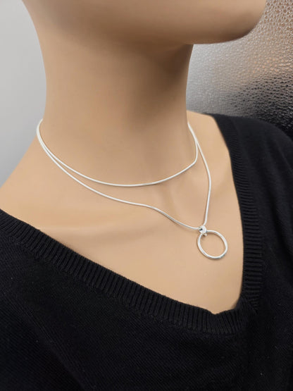 925 Sterling Silver Layered Snake Chain Eternity O Ring Necklace - All One Necklace, Committment Jewelry