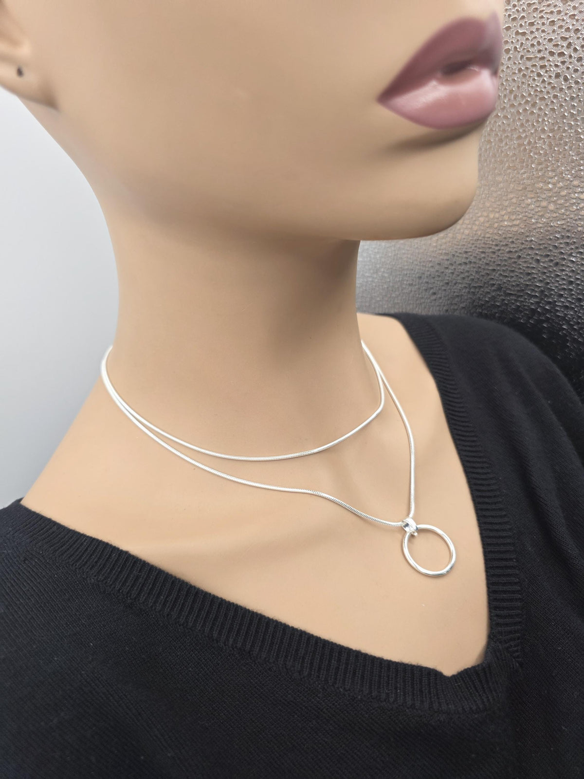 925 Sterling Silver Layered Snake Chain Eternity O Ring Necklace - All One Necklace, Committment Jewelry
