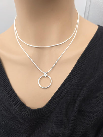 925 Sterling Silver Layered Snake Chain Eternity O Ring Necklace - All One Necklace, Committment Jewelry