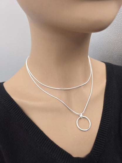925 Sterling Silver Layered Snake Chain Eternity O Ring Necklace - All One Necklace, Committment Jewelry