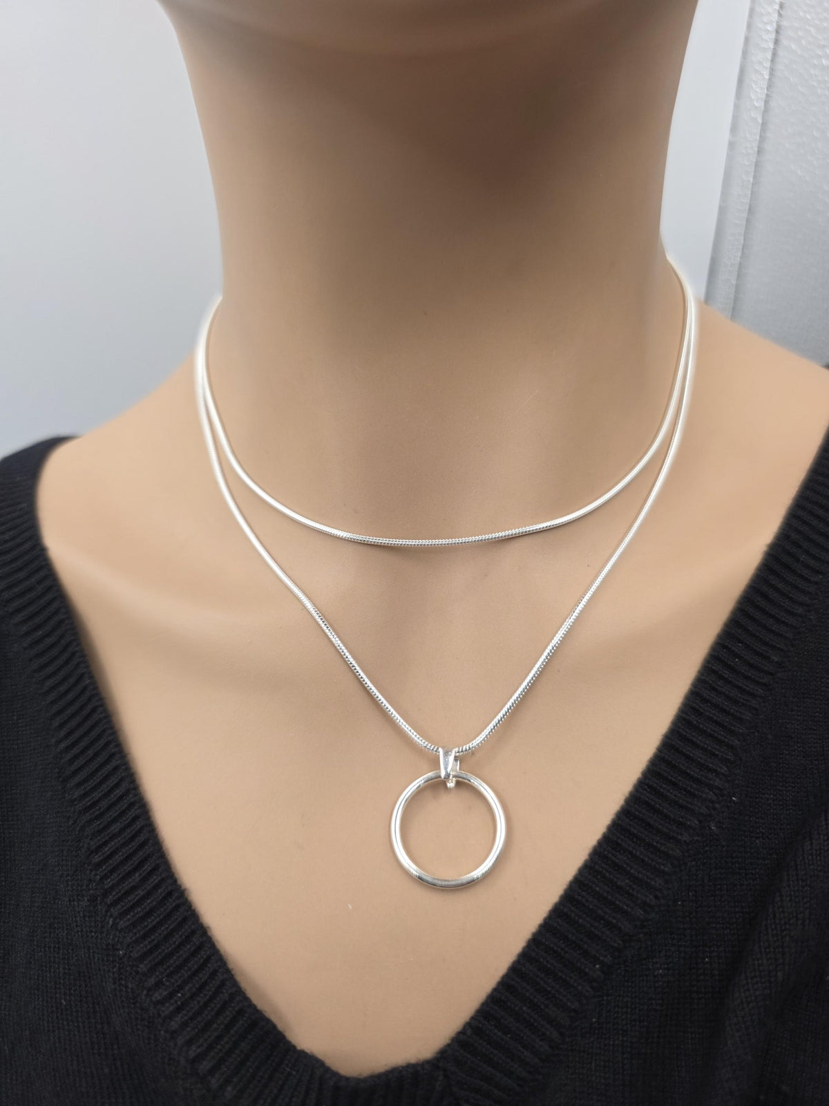 925 Sterling Silver Layered Snake Chain Eternity O Ring Necklace - All One Necklace, Committment Jewelry
