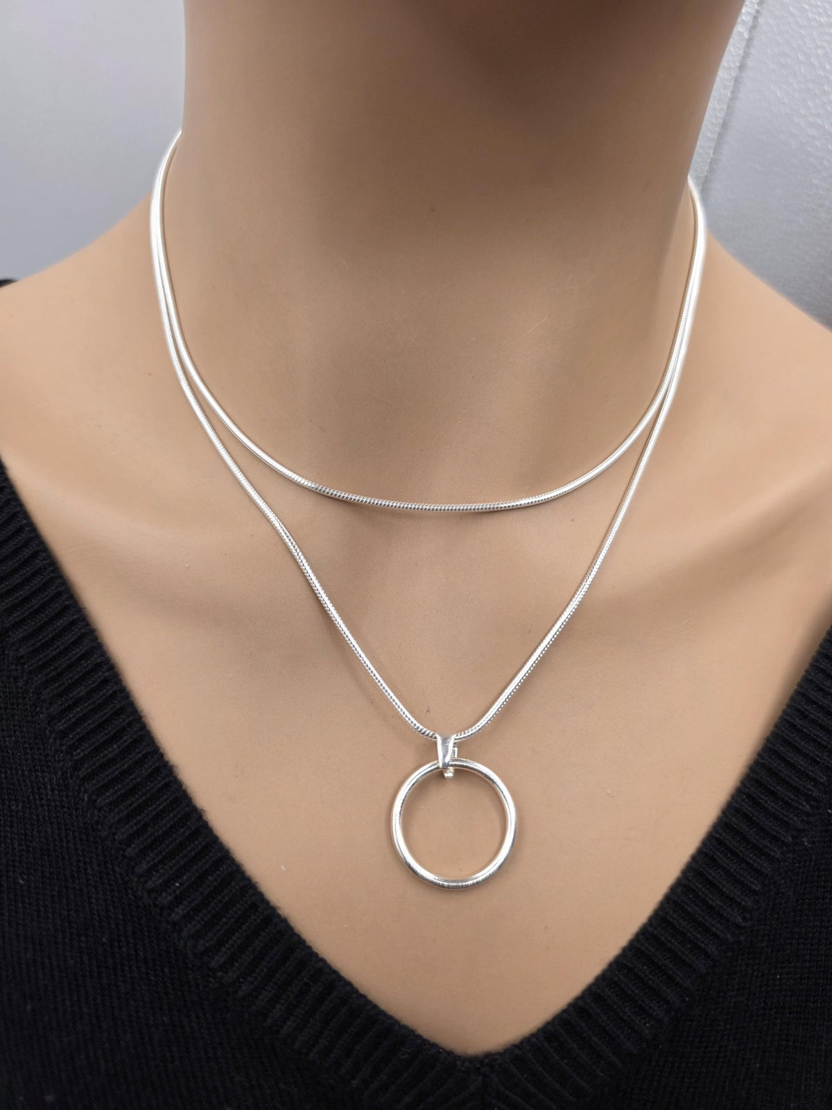 925 Sterling Silver Layered Snake Chain Eternity O Ring Necklace - All One Necklace, Committment Jewelry