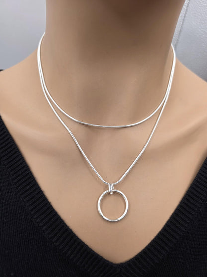 925 Sterling Silver Layered Snake Chain Eternity O Ring Necklace - All One Necklace, Committment Jewelry
