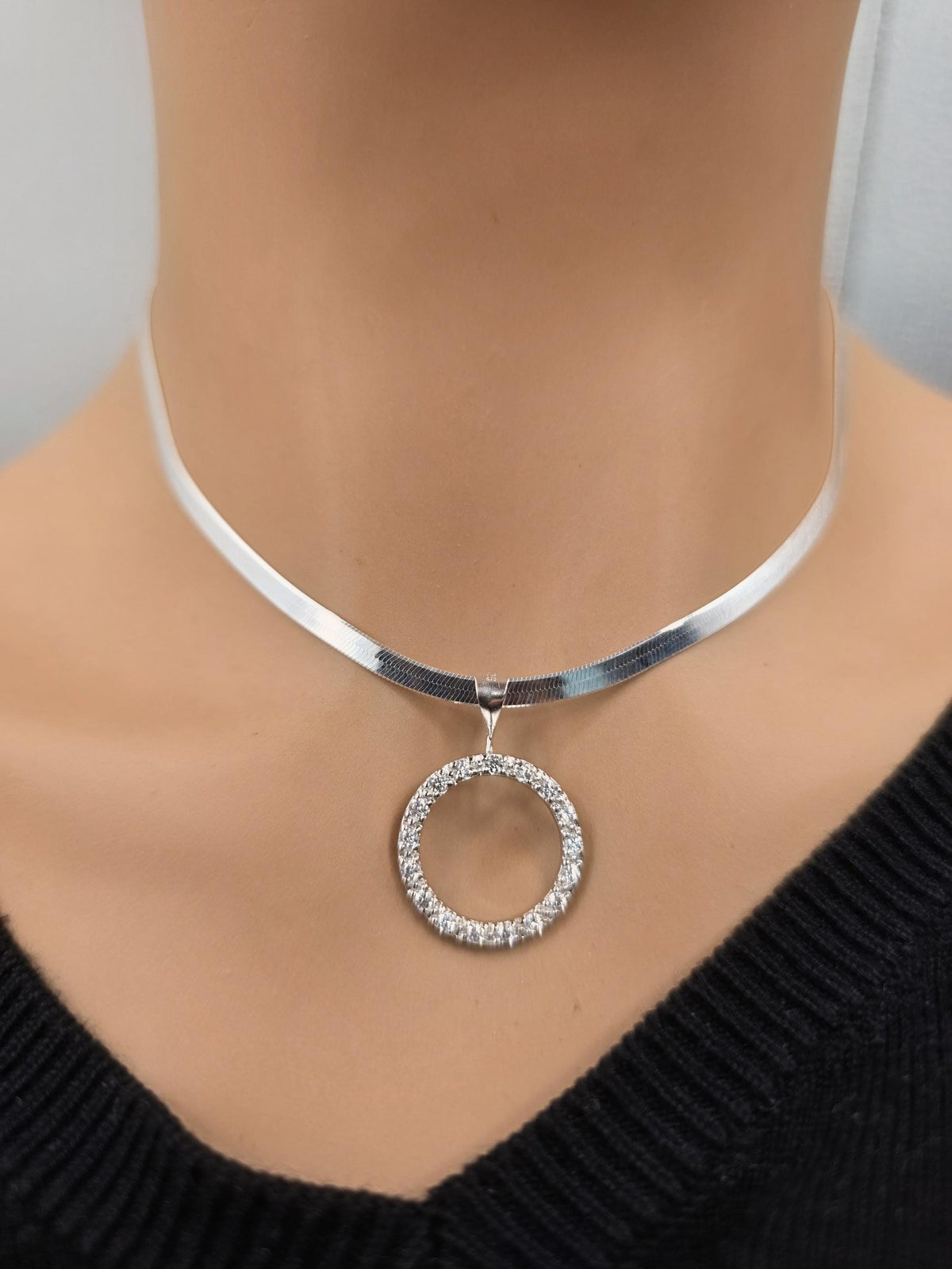 925 Sterling Silver Eternity O Ring Necklace Day Collar on 3.3mm Herringbone – 3 Sizes, Committment Jewelry