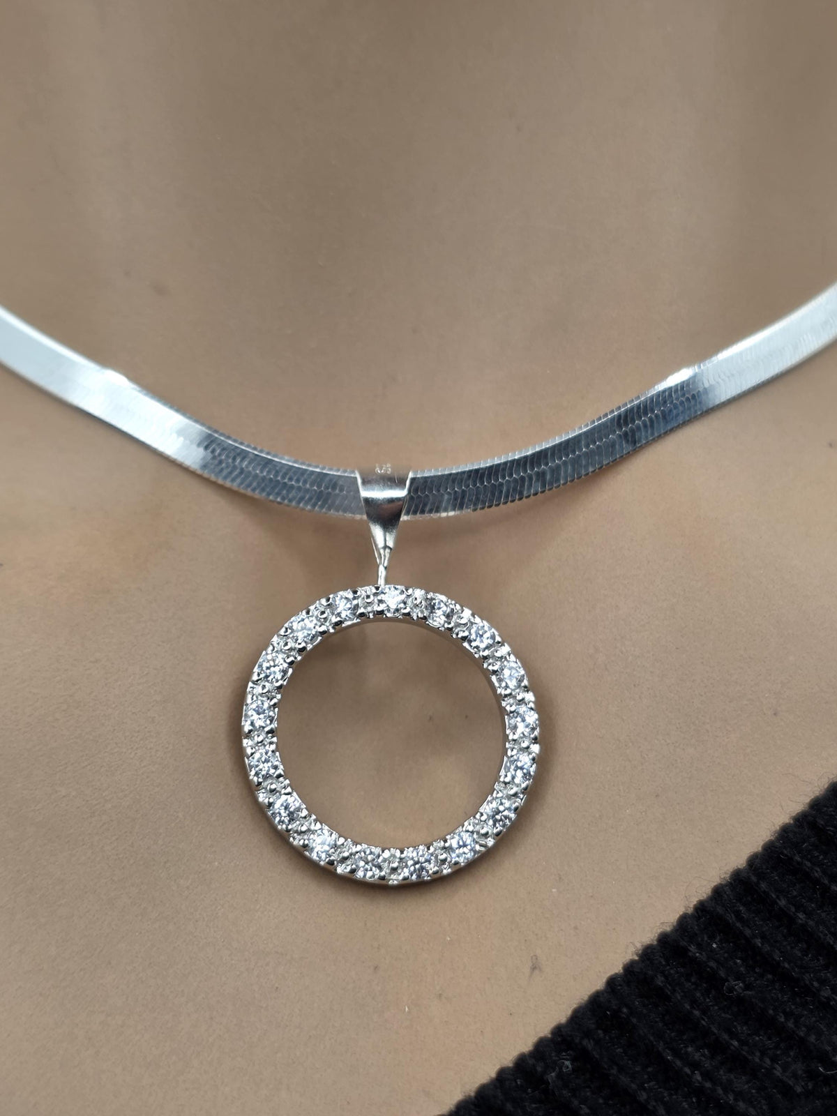 925 Sterling Silver Eternity O Ring Necklace Day Collar on 3.3mm Herringbone – 3 Sizes, Committment Jewelry
