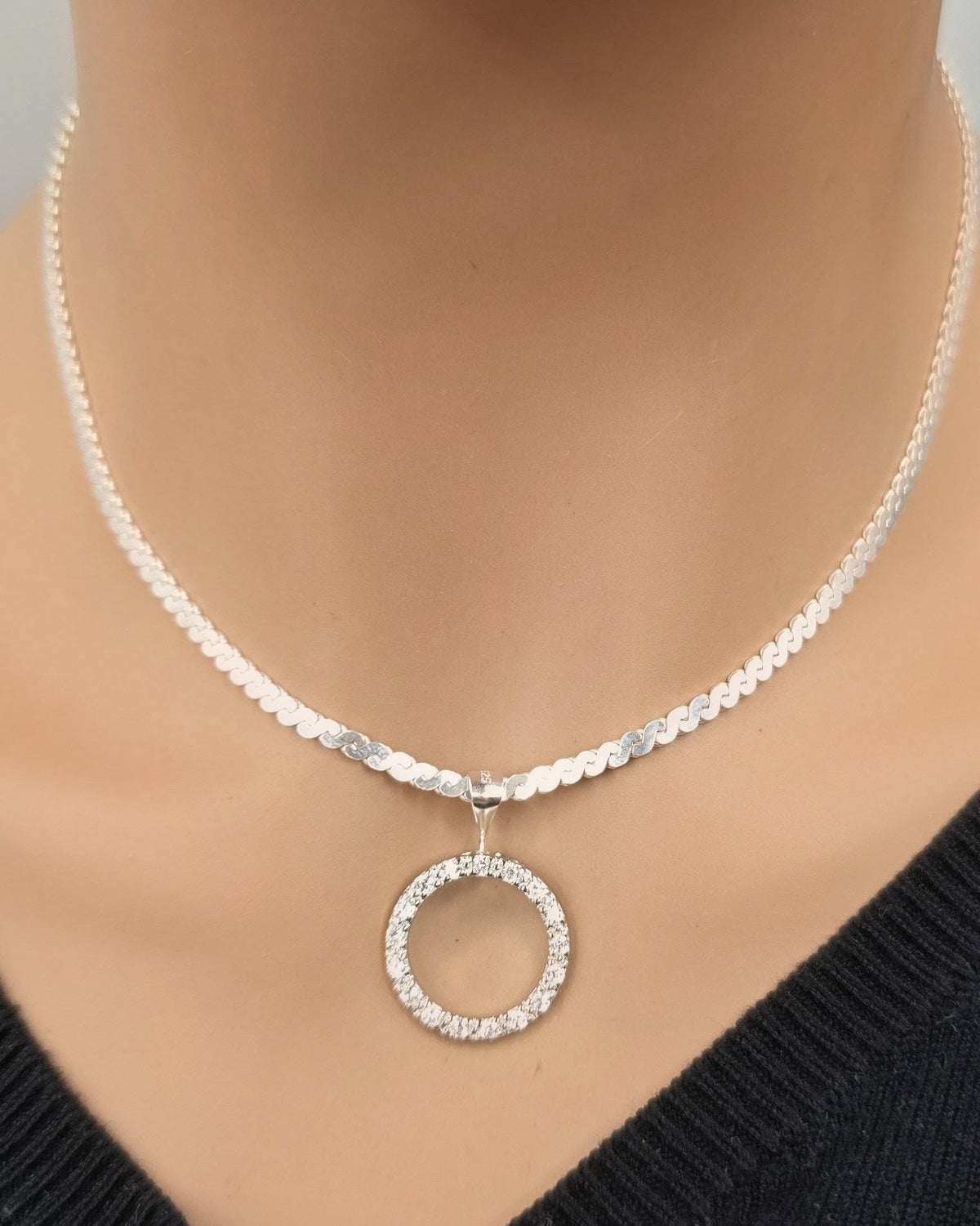 925 Sterling Silver Eternity O Ring Necklace Day Collar On Serpentine Chain – 2 Sizes, Locking Option Committment Jewelry