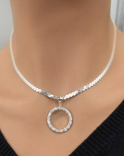 925 Sterling Silver Eternity O Ring Necklace Day Collar On Serpentine Chain – 2 Sizes, Locking Option Committment Jewelry