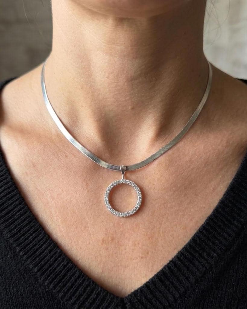 925 Sterling Silver Eternity O Ring Necklace Day Collar on 3.3mm Herringbone – 3 Sizes, Committment Jewelry