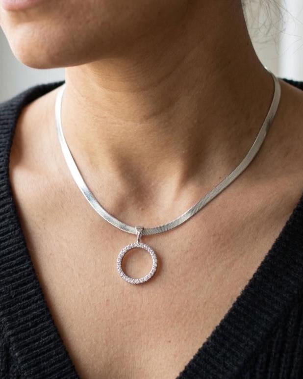 925 Sterling Silver Eternity O Ring Necklace Day Collar on 3.3mm Herringbone – 3 Sizes, Committment Jewelry