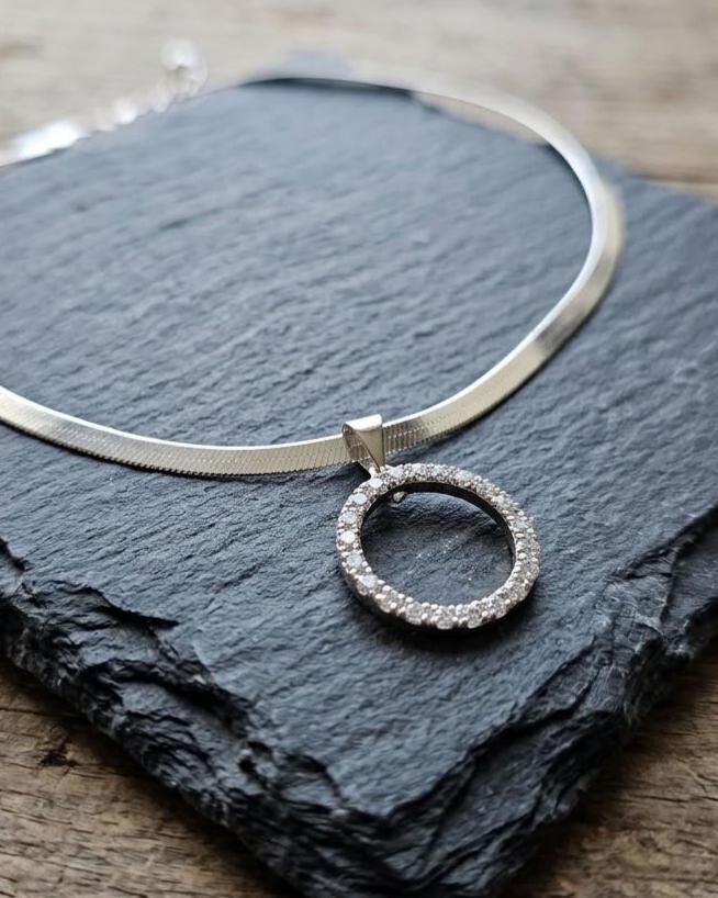 925 Sterling Silver Eternity O Ring Necklace Day Collar on 3.3mm Herringbone – 3 Sizes, Committment Jewelry
