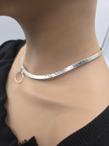 925 Sterling Silver Rigid Torque Day Collar Necklace – 4mm Hammered Elegant Luxury Choker, Locking Option