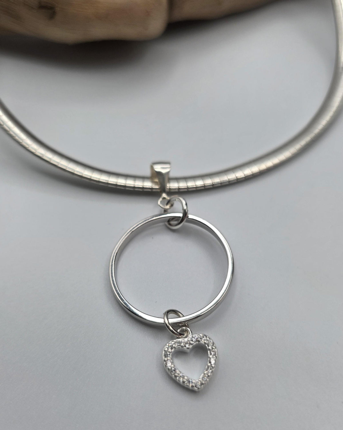 Sterling Silver 4mm Omega Formed Day Collar Choker Necklace with CZ Heart Charm - Luxury Partner Jewelry