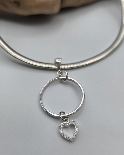 Sterling Silver 4mm Omega Formed Day Collar Choker Necklace with CZ Heart Charm - Luxury Partner Jewelry