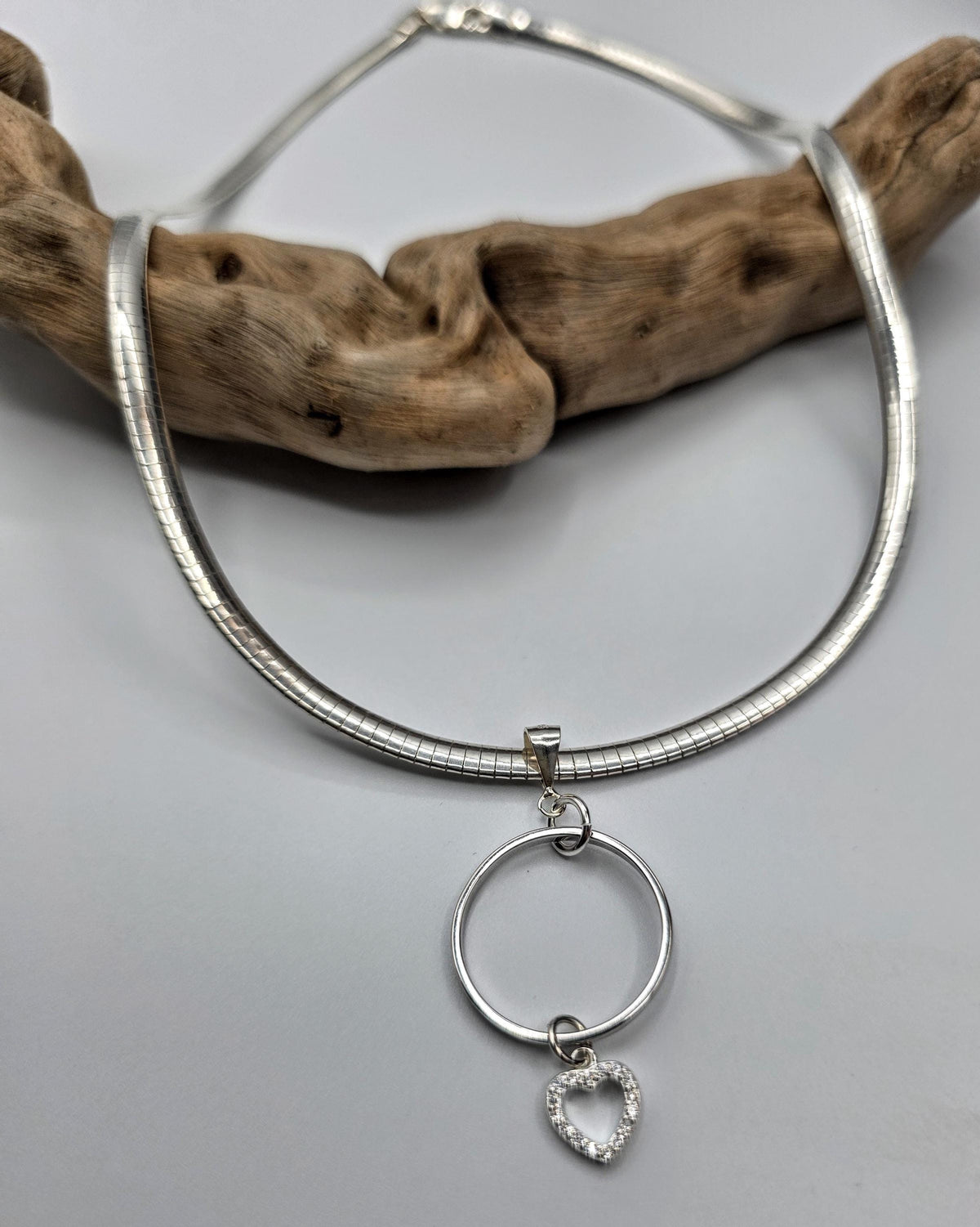 Sterling Silver 4mm Omega Formed Day Collar Choker Necklace with CZ Heart Charm - Luxury Partner Jewelry