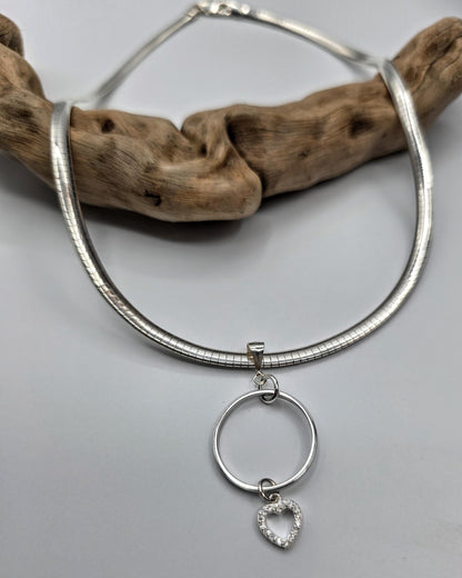 Sterling Silver 4mm Omega Formed Day Collar Choker Necklace with CZ Heart Charm - Luxury Partner Jewelry