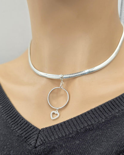 Sterling Silver 4mm Omega Formed Day Collar Choker Necklace with CZ Heart Charm - Luxury Partner Jewelry