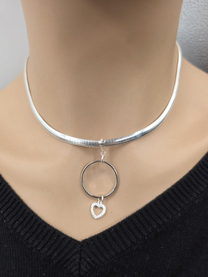 Sterling Silver 4mm Omega Formed Day Collar Choker Necklace with CZ Heart Charm - Luxury Partner Jewelry