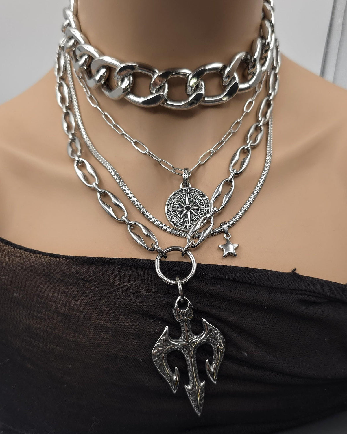 Steel Layered Trident Four-Piece Norse-Inspired Ocean Necklace Set | Stainless Steel & Aluminum