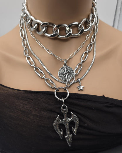 Steel Layered Trident Four-Piece Norse-Inspired Ocean Necklace Set | Stainless Steel & Aluminum