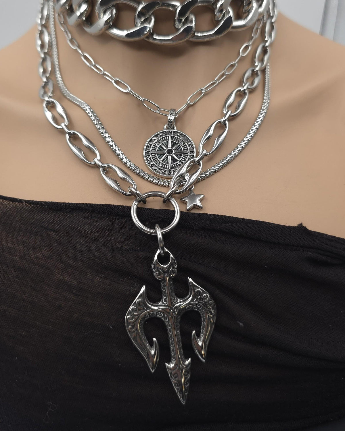 Steel Layered Trident Four-Piece Norse-Inspired Ocean Necklace Set | Stainless Steel & Aluminum