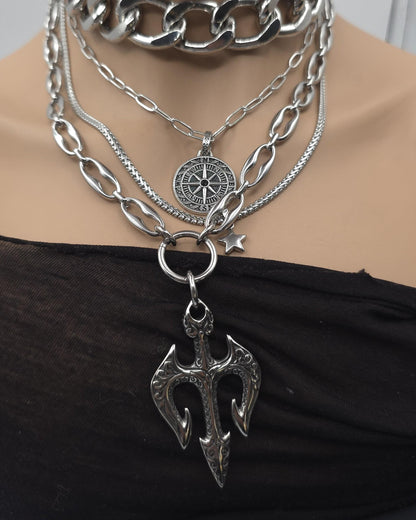 Steel Layered Trident Four-Piece Norse-Inspired Ocean Necklace Set | Stainless Steel & Aluminum