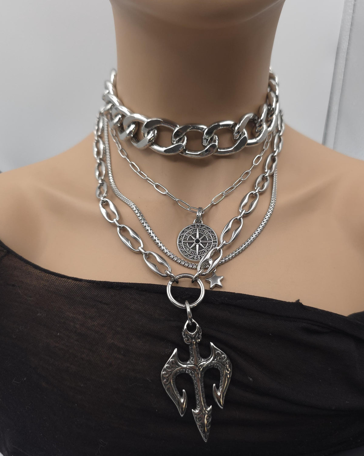 Steel Layered Trident Four-Piece Norse-Inspired Ocean Necklace Set | Stainless Steel & Aluminum