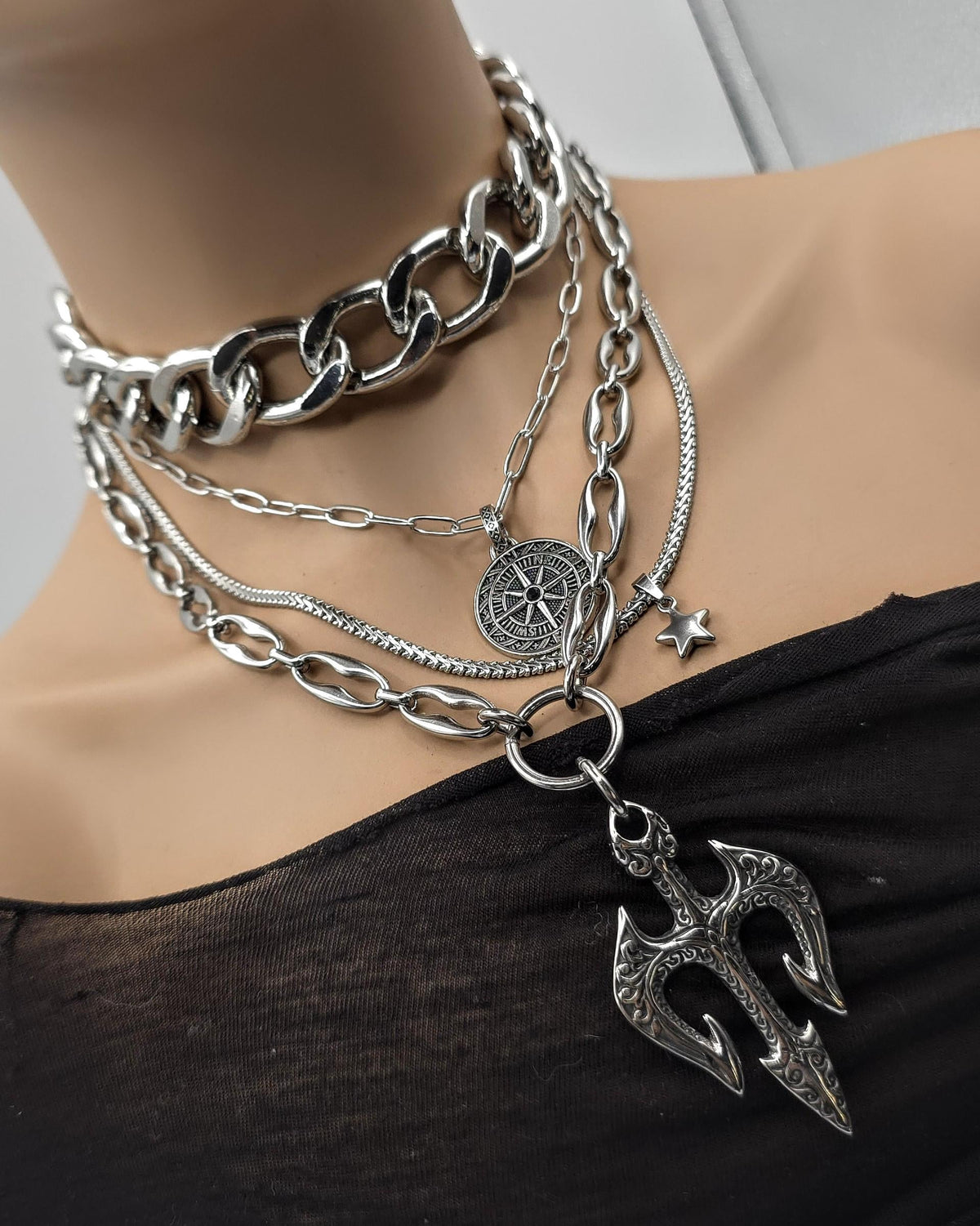 Steel Layered Trident Four-Piece Norse-Inspired Ocean Necklace Set | Stainless Steel & Aluminum