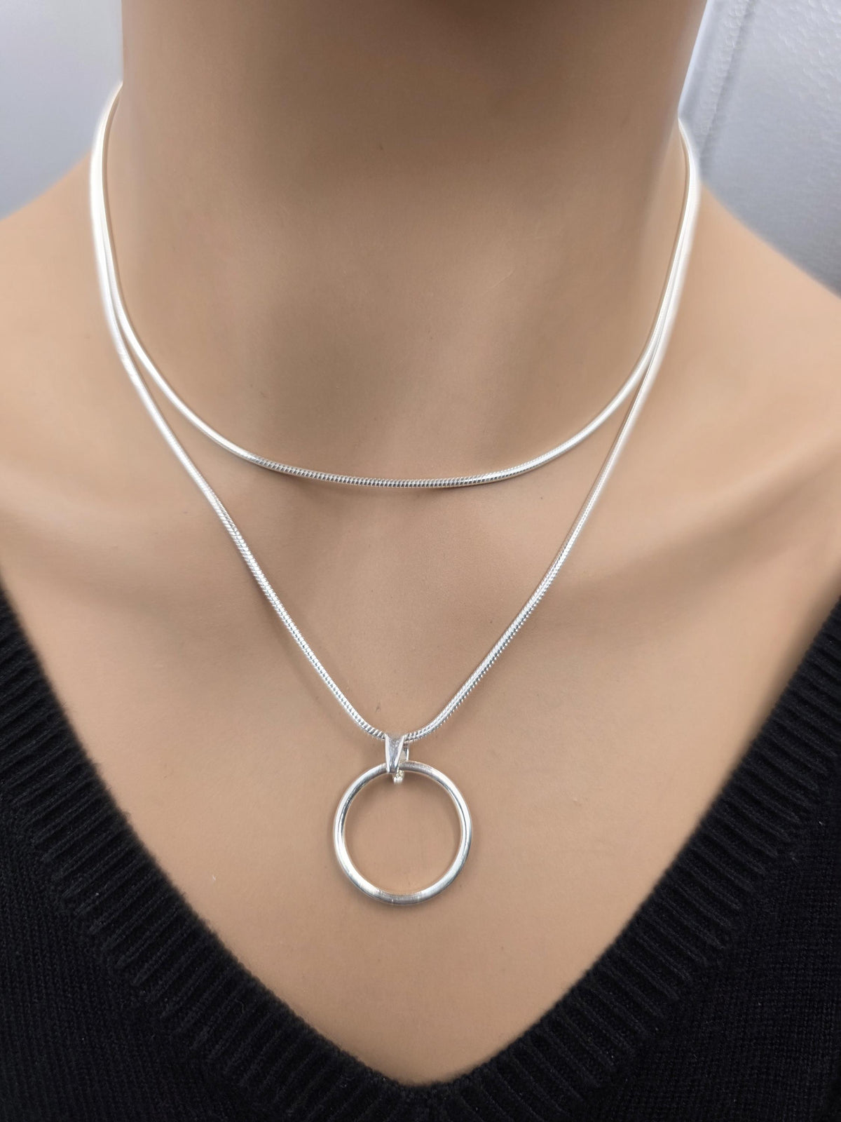 925 Sterling Silver Layered Snake Chain Eternity O Ring Necklace - All One Necklace, Committment Jewelry