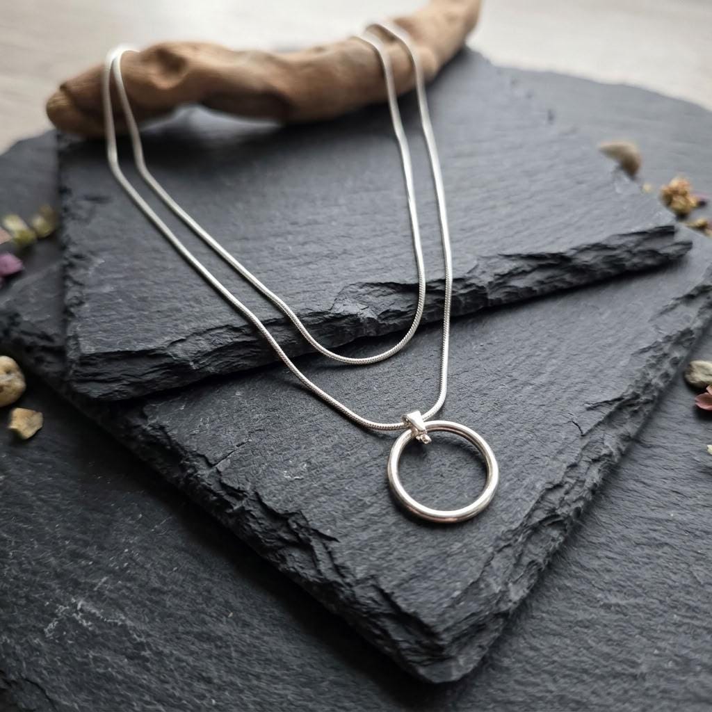 925 Sterling Silver Layered Snake Chain Eternity O Ring Necklace - All One Necklace, Committment Jewelry