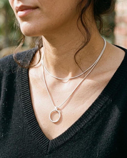 925 Sterling Silver Layered Snake Chain Eternity O Ring Necklace - All One Necklace, Committment Jewelry