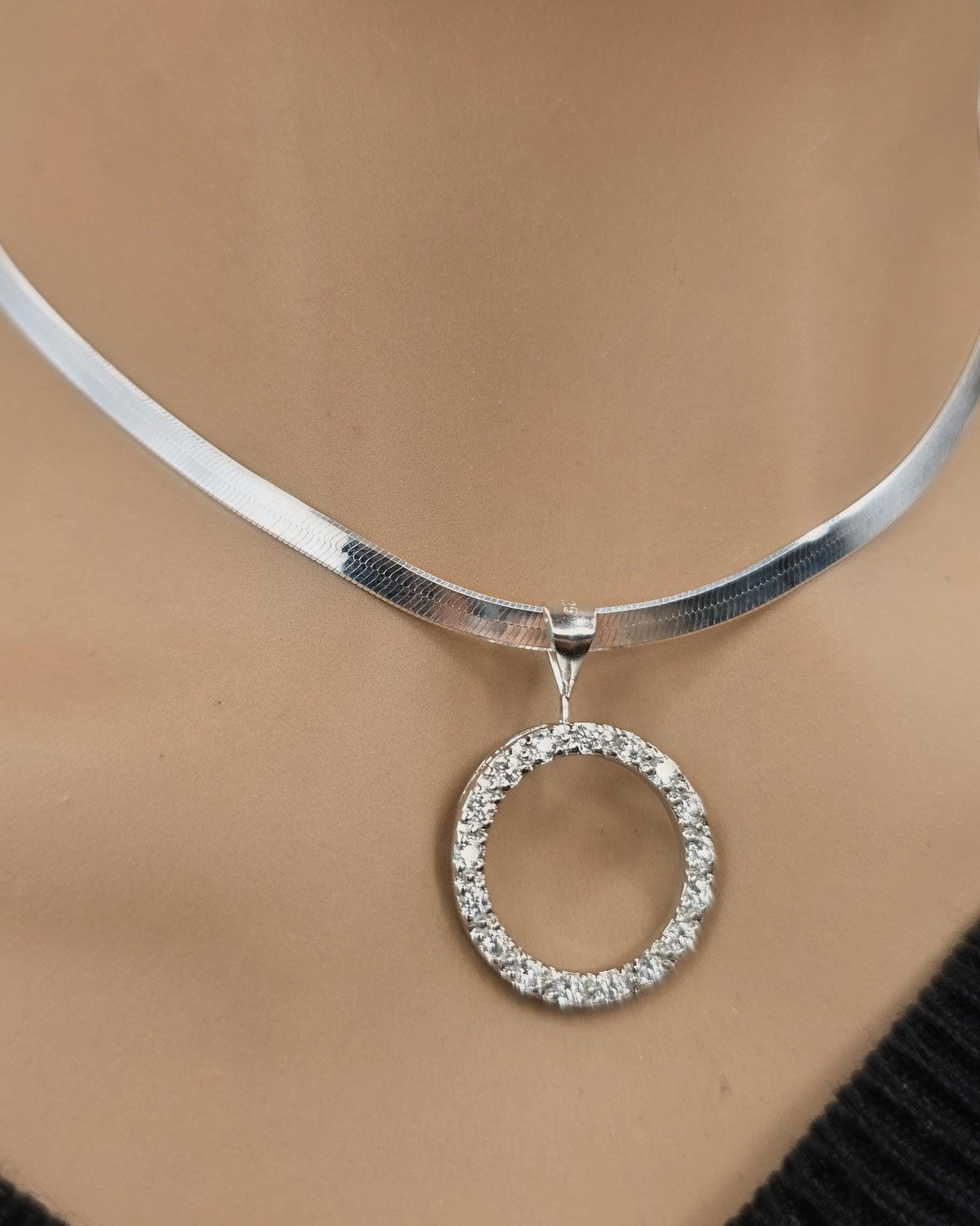 925 Sterling Silver Eternity O Ring Necklace Day Collar on 3.3mm Herringbone – 3 Sizes, Committment Jewelry