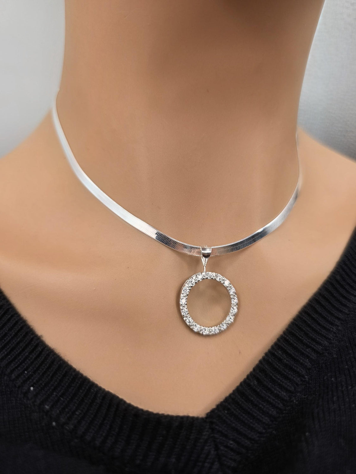 925 Sterling Silver Eternity O Ring Necklace Day Collar on 3.3mm Herringbone – 3 Sizes, Committment Jewelry