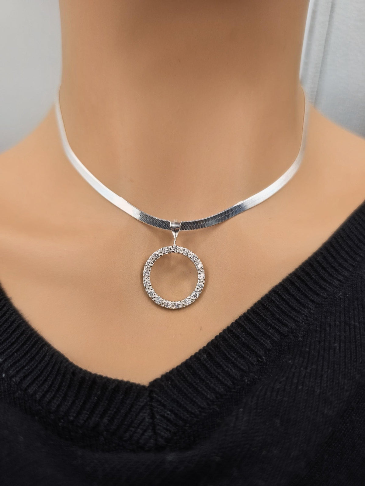 925 Sterling Silver Eternity O Ring Necklace Day Collar on 3.3mm Herringbone – 3 Sizes, Committment Jewelry