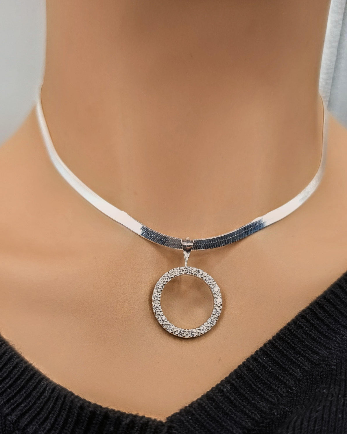 925 Sterling Silver Eternity O Ring Necklace Day Collar on 3.3mm Herringbone – 3 Sizes, Committment Jewelry