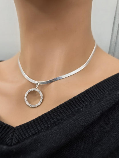 925 Sterling Silver Eternity O Ring Necklace Day Collar on 3.3mm Herringbone – 3 Sizes, Committment Jewelry