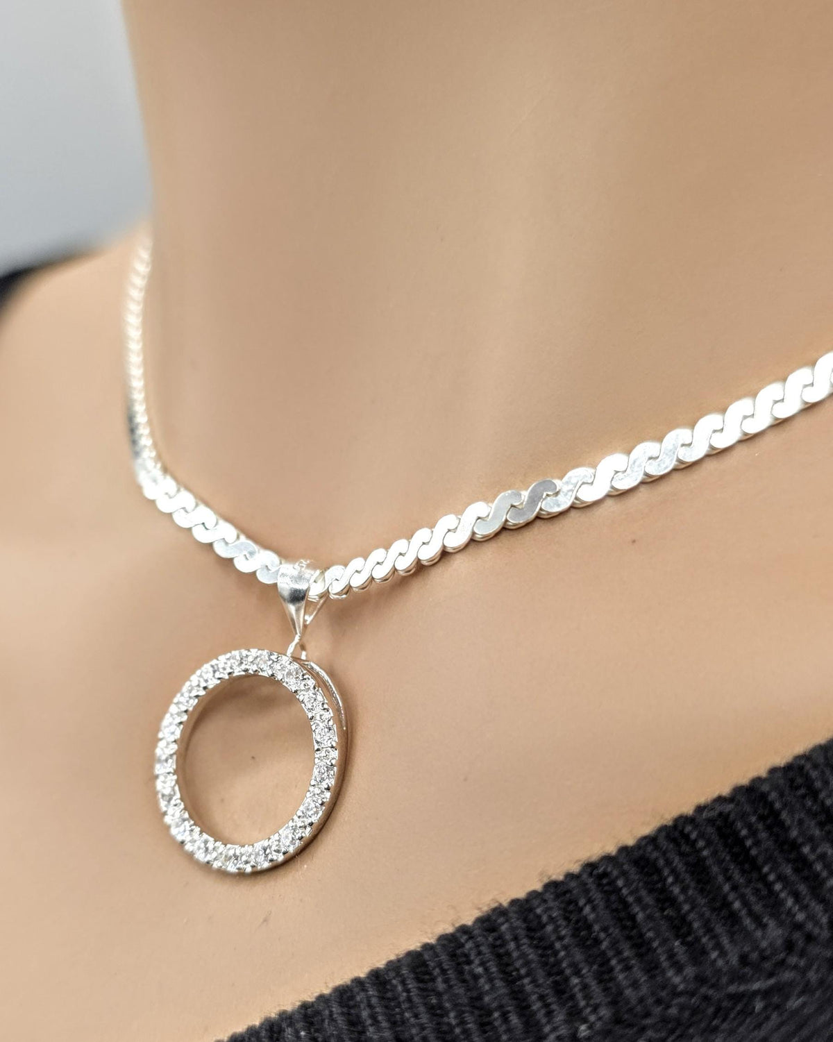 925 Sterling Silver Eternity O Ring Necklace Day Collar On Serpentine Chain – 2 Sizes, Locking Option Committment Jewelry