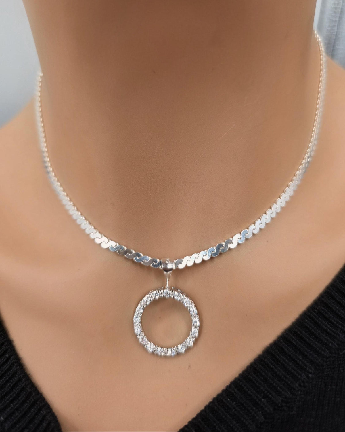 925 Sterling Silver Eternity O Ring Necklace Day Collar On Serpentine Chain – 2 Sizes, Locking Option Committment Jewelry