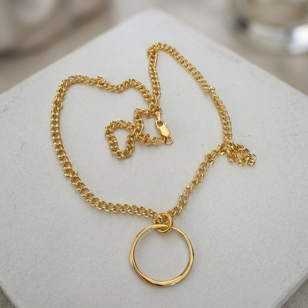 Gold Vermeil over Sterling Silver Eternity O Ring Necklace Day Collar– Permanent Options Committment Jewelry