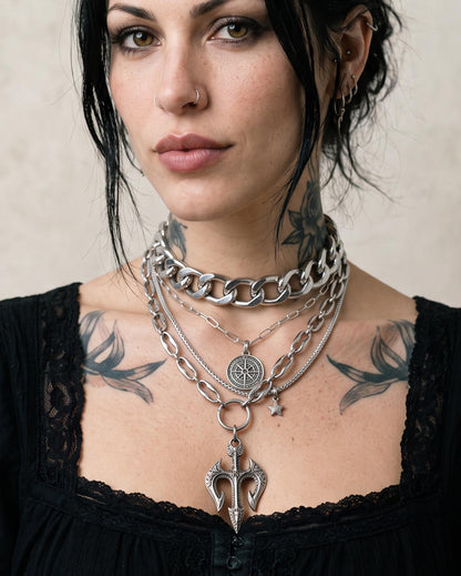 Steel Layered Trident Four-Piece Norse-Inspired Ocean Necklace Set | Stainless Steel & Aluminum